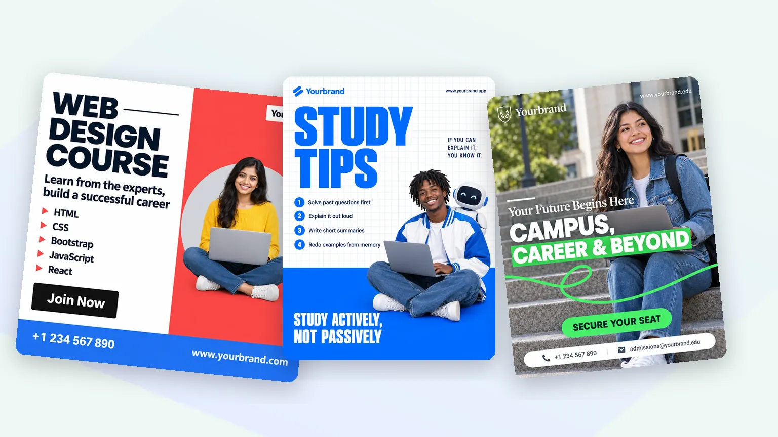 Three education ad looks from the Fliki ad generator: a web design course, study tips and a campus ad