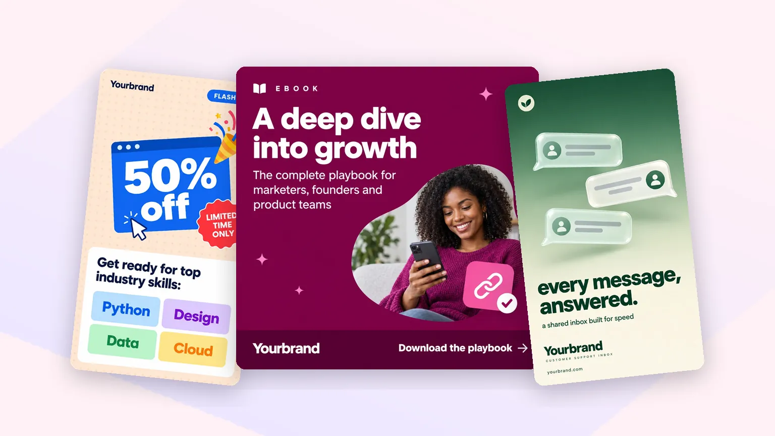 Three launch and offer ad looks: a 50% off tag, an ebook promo and a chat-bubble product ad