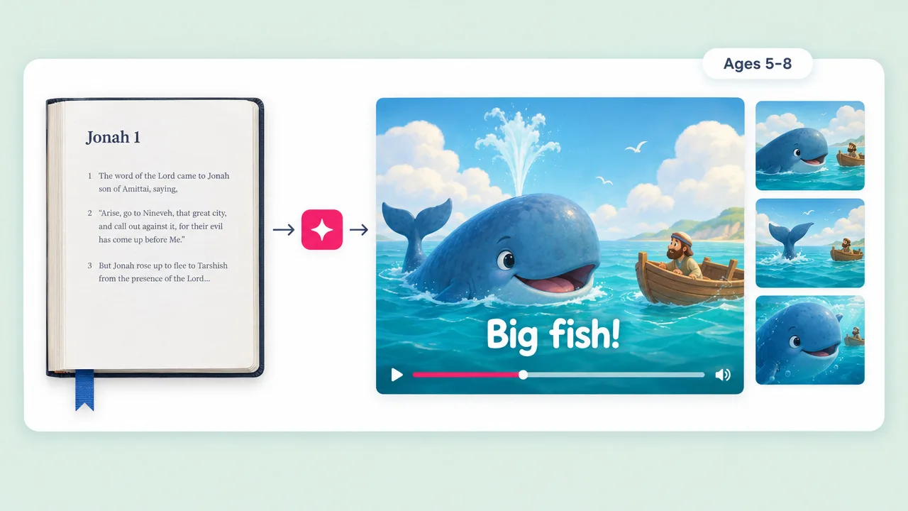 Jonah chapter 1 turned into a cartoon video for ages 5 to 8, showing a smiling whale beside a fishing boat under the words "Big fish!"