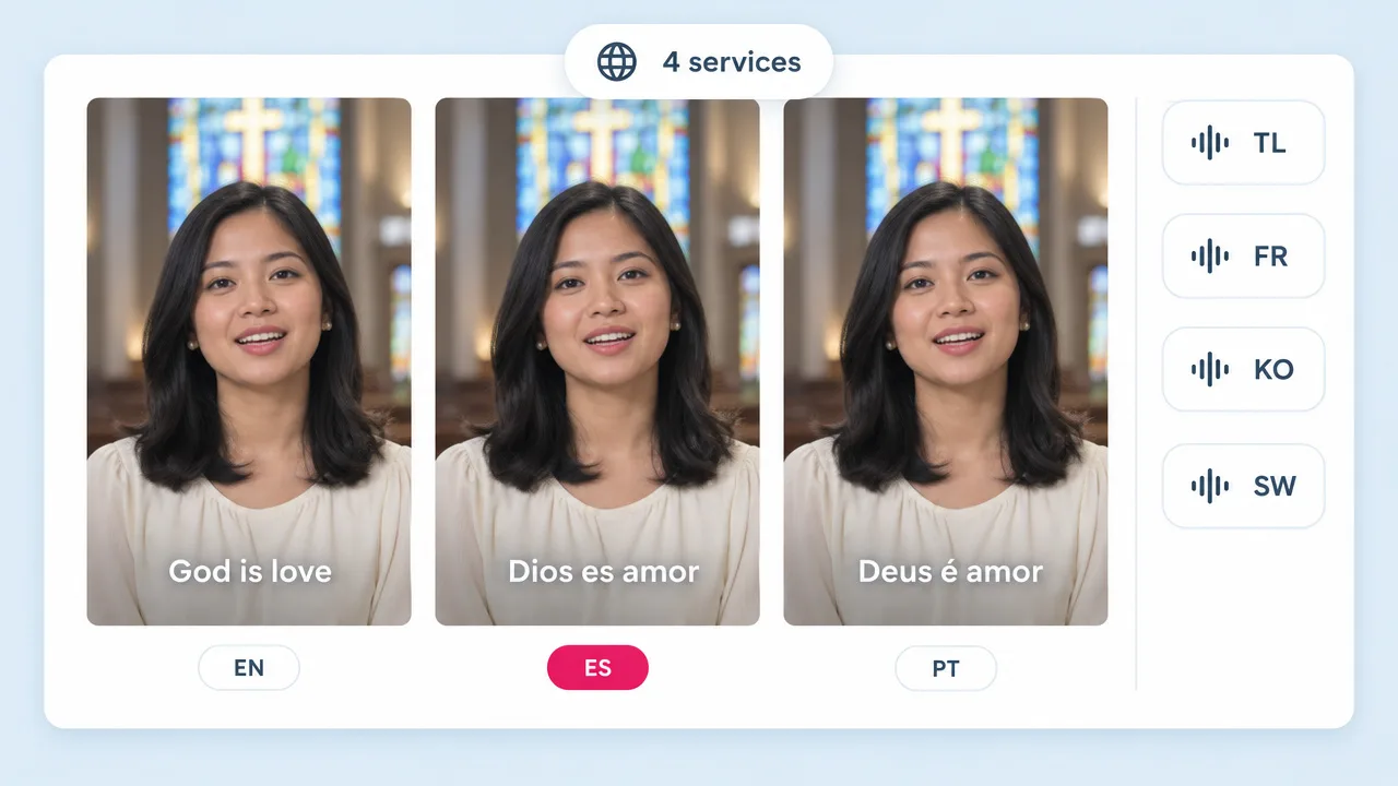 The same presenter delivering one message in English, Spanish and Portuguese, captioned "God is love", with more voice languages listed beside it.