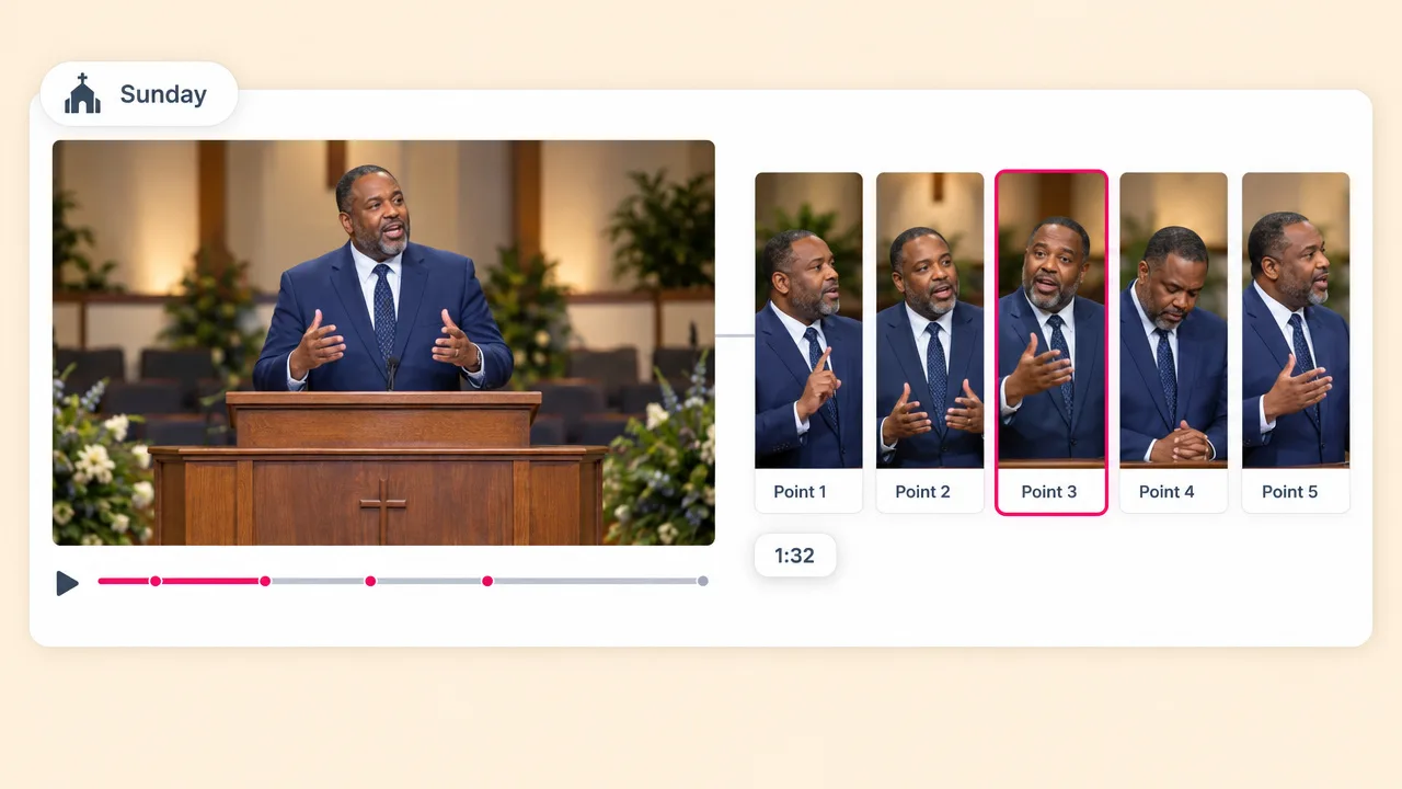 A pastor preaching at a wooden pulpit, split into five short sermon clips labelled Point 1 to Point 5, with a 1:32 clip selected.