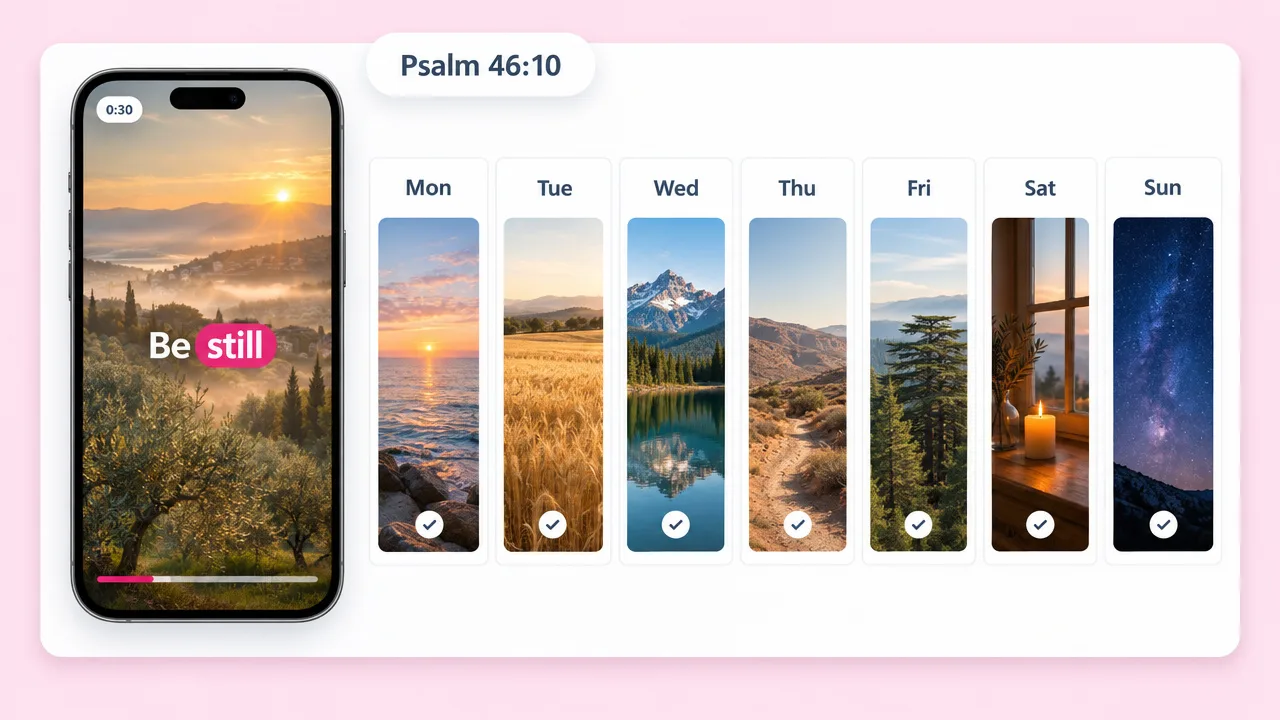 Phone playing a Psalm 46:10 verse video that reads "Be still" over a sunrise, beside a week of scenic backgrounds for each day's verse.