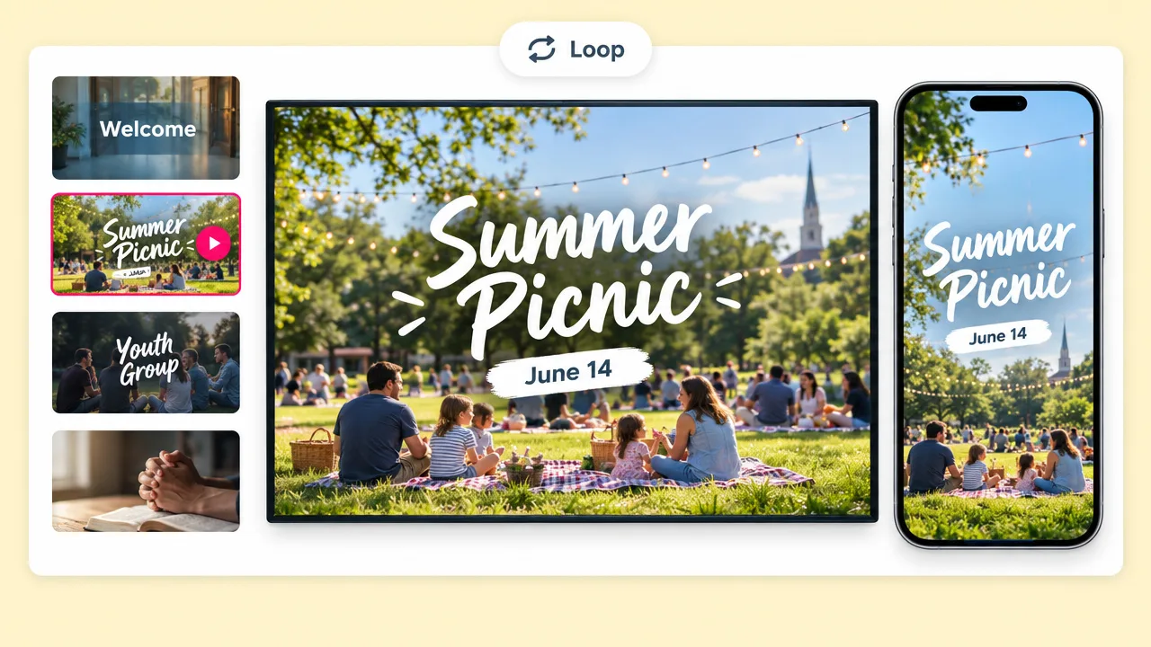 Church announcement loop for a Summer Picnic on June 14, shown on a wide screen and a phone, with Welcome and Youth Group slides queued.