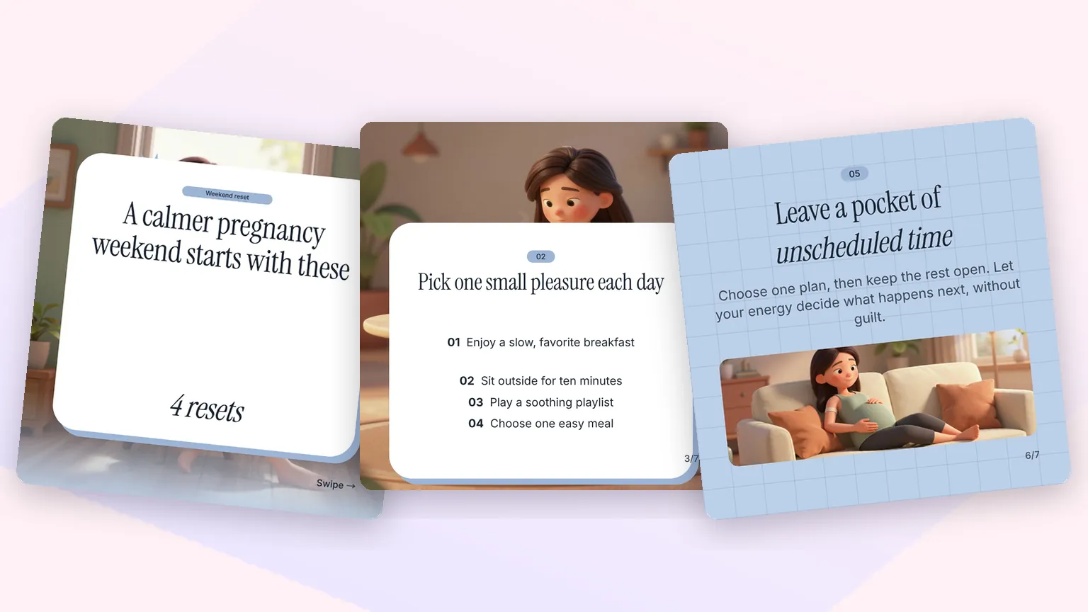 Three slides from a Fliki pregnancy weekend carousel in the Blueprint Card look