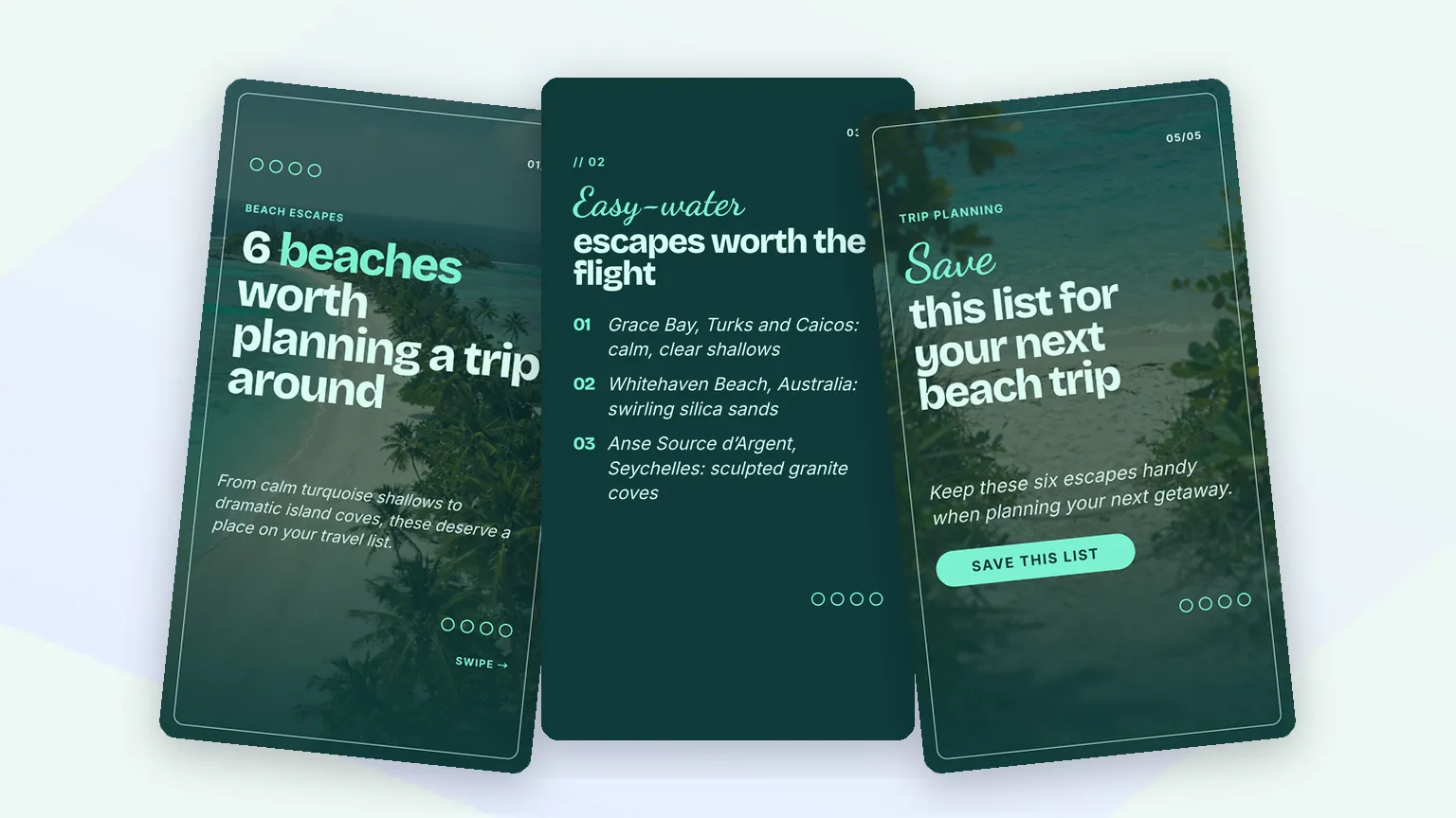 Three portrait slides from a Fliki beach travel carousel in the Sunlit look