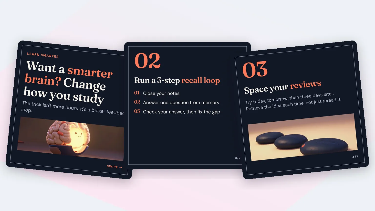 Three slides from a Fliki carousel on studying smarter, in the Editorial look