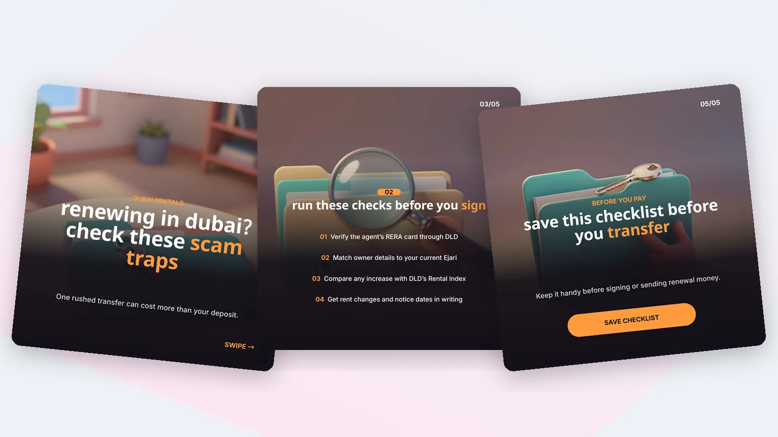Three slides from a Fliki carousel on rental scam checks in Dubai, in the Recap look