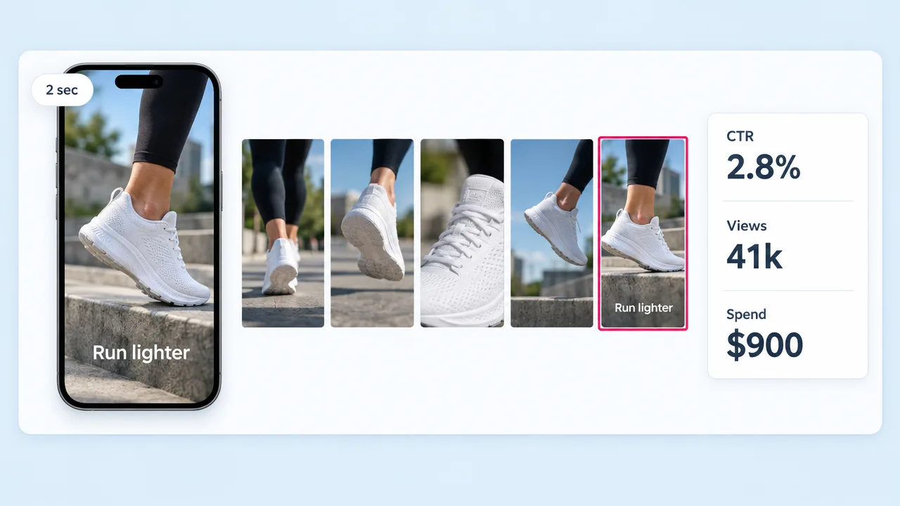 A 2 second ad sting of white running shoes on stone steps with the line "Run lighter", next to results for click rate, views and spend.
