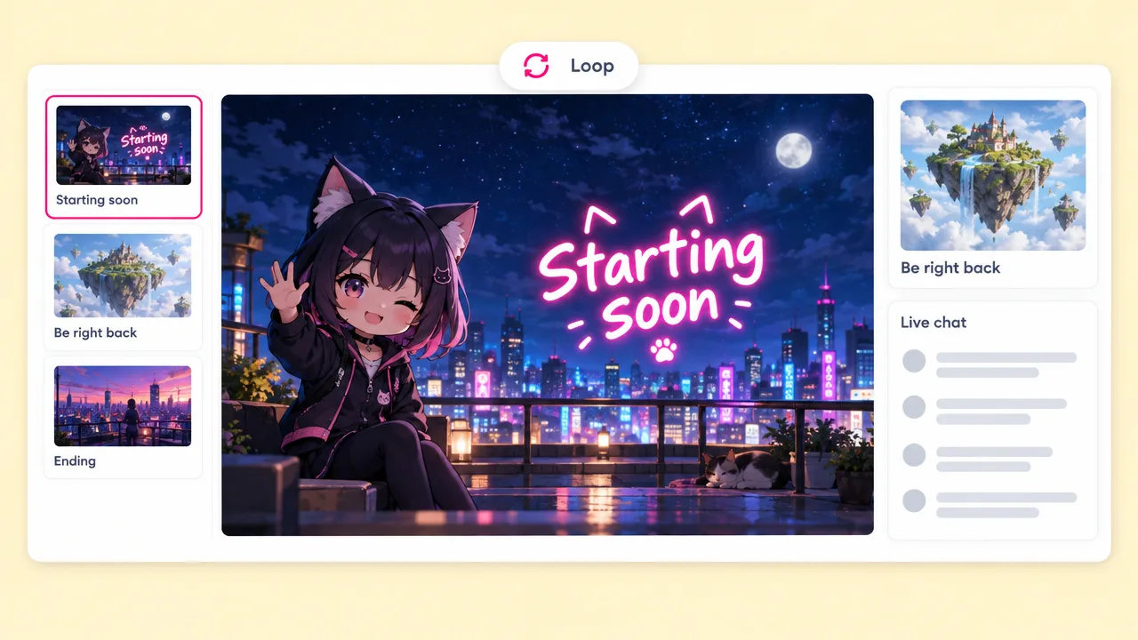 Anime cat girl waving over a neon city with a glowing "Starting soon" stream screen, plus Be right back and Ending scenes.