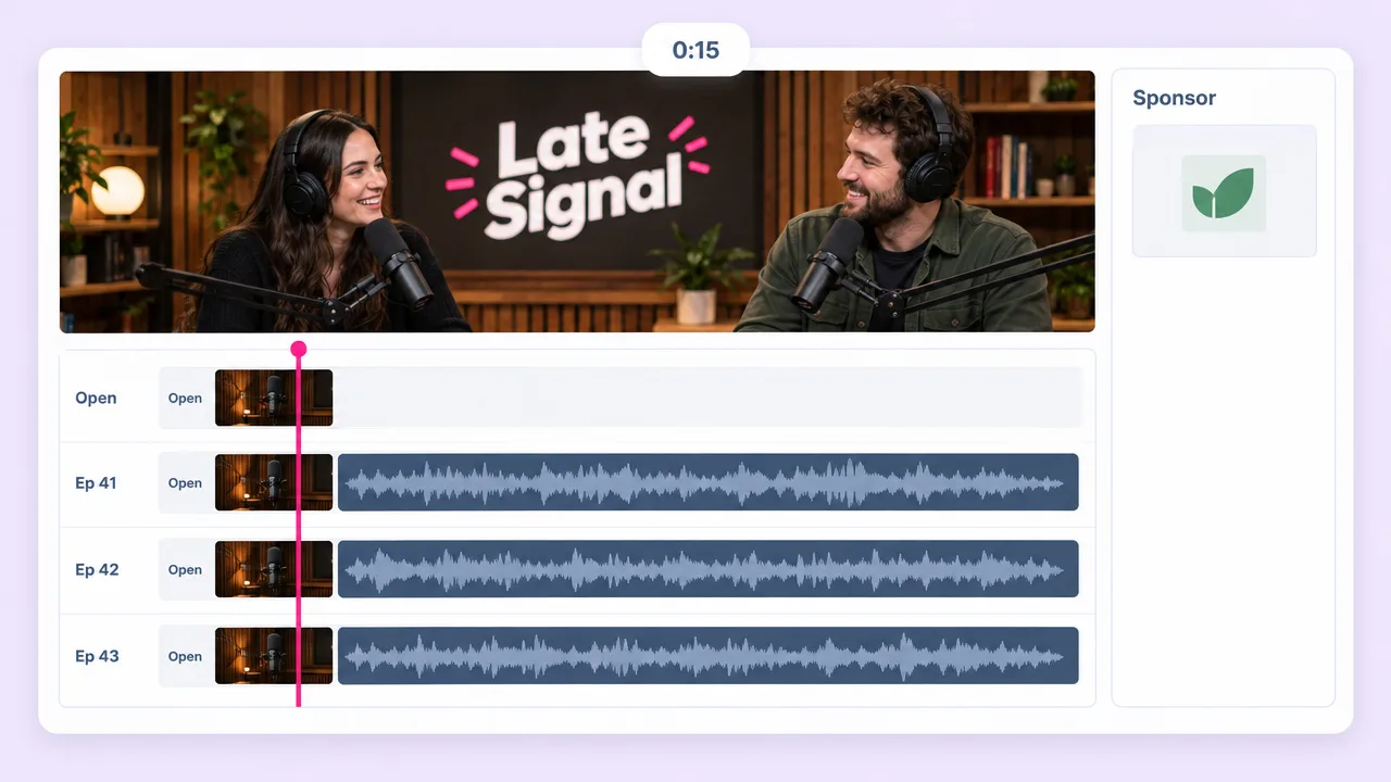 Two hosts at microphones under a "Late Signal" podcast opener, with the same 15 second intro placed before episodes 41, 42 and 43.