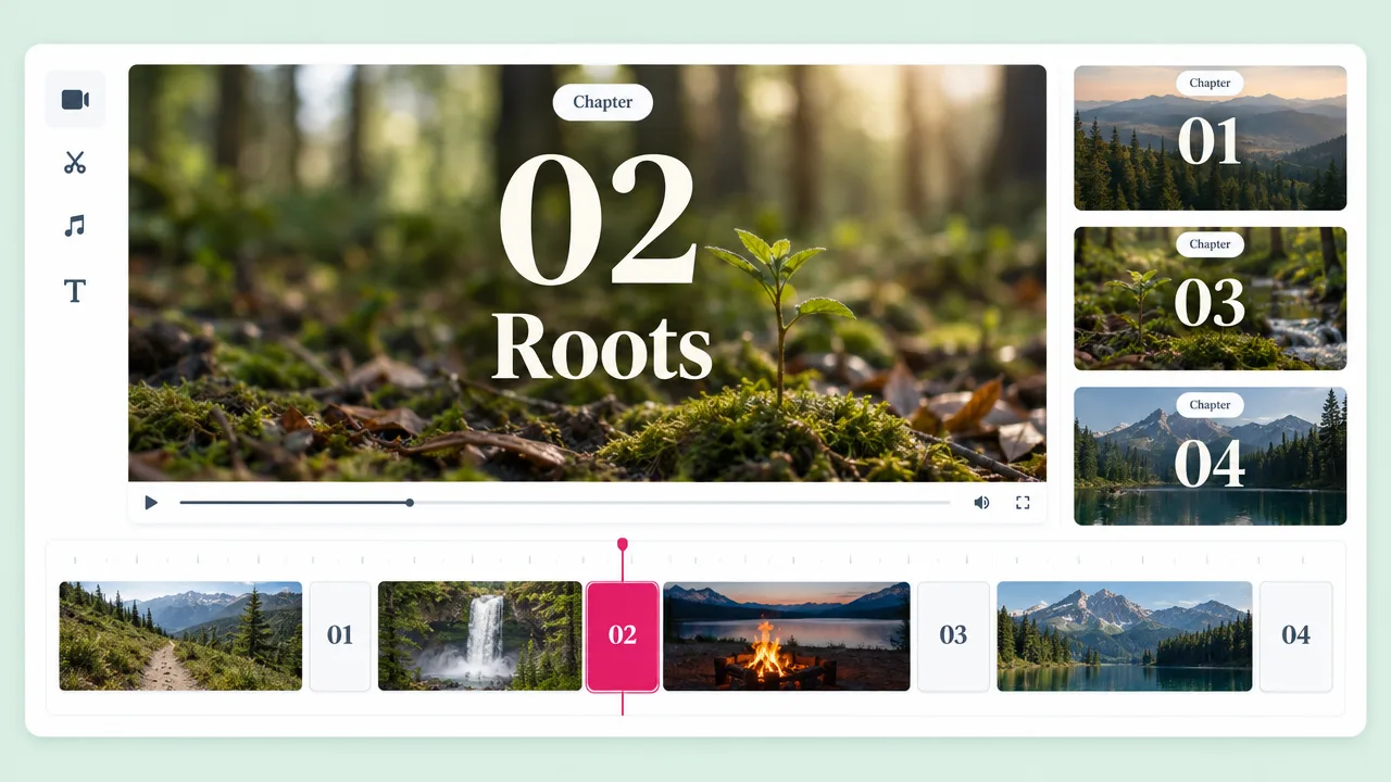 Chapter title card reading "02 Roots" over a forest seedling, made with an AI intro maker, with matching cards for chapters 01, 03 and 04.