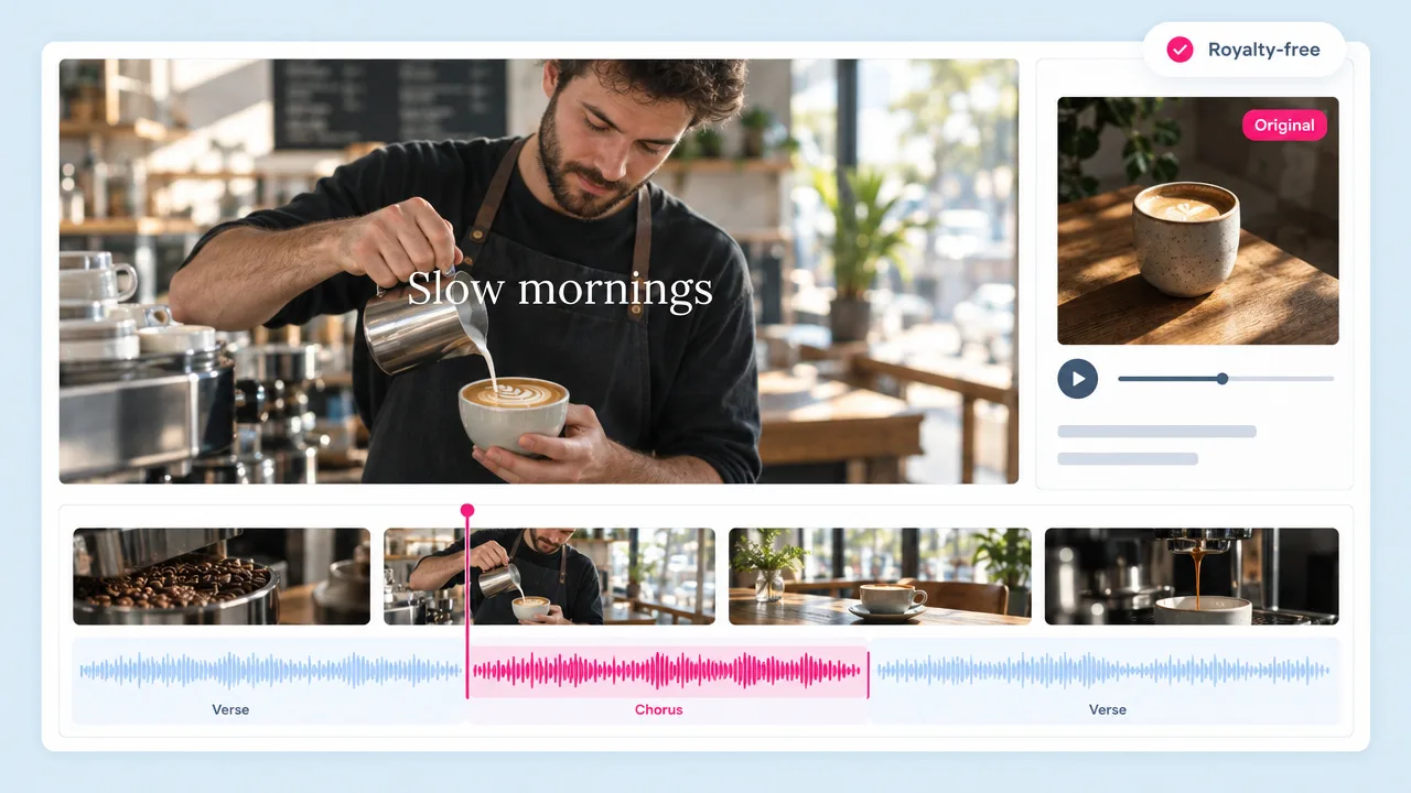 A barista pouring latte art in a cafe with the words "Slow mornings", timed to verse and chorus sections of a royalty-free brand track.