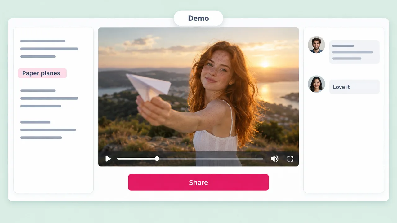 Demo song video of a woman holding out a paper plane at sunset, set beside lyric notes and a reply that says "Love it" with a Share button.