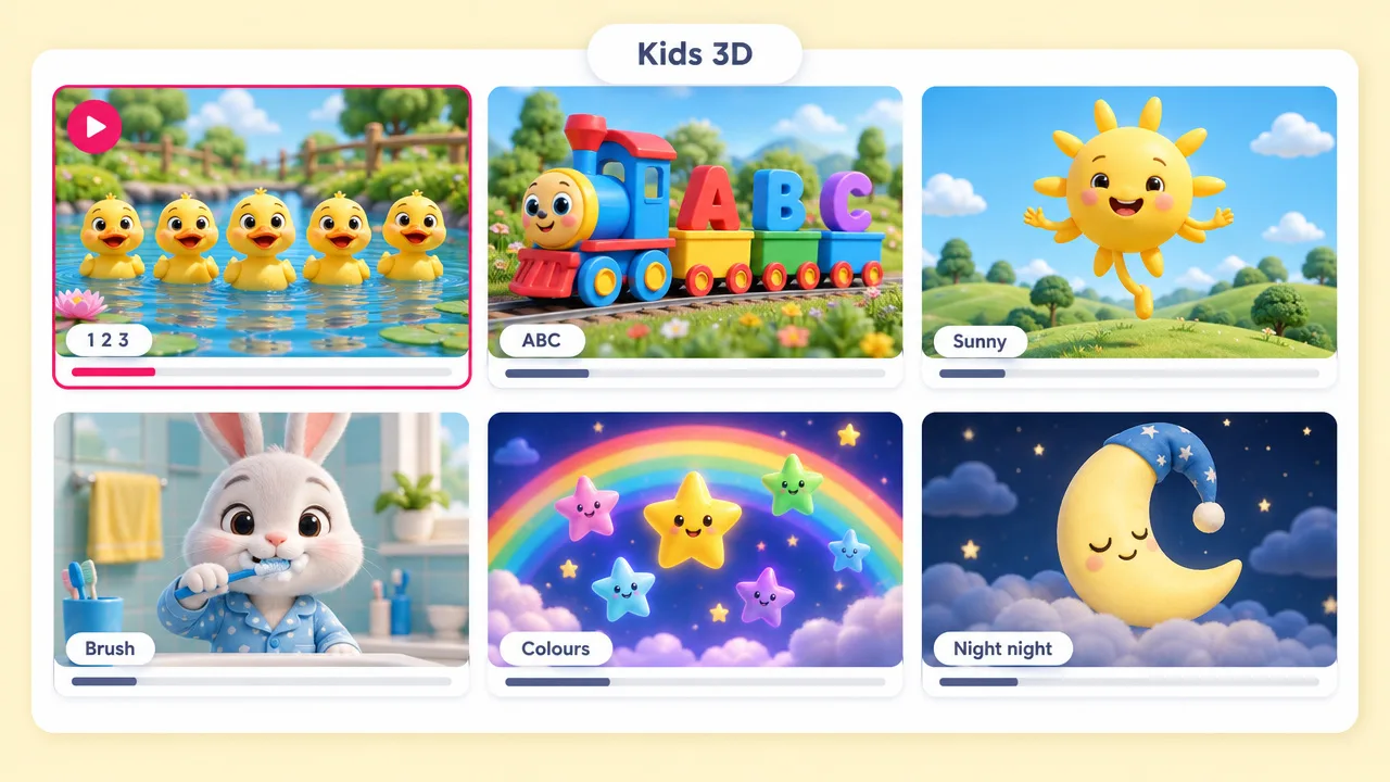 Six 3D kids song videos covering counting ducks, an ABC train, a sunny day, tooth brushing, colours and a sleepy night-night moon.
