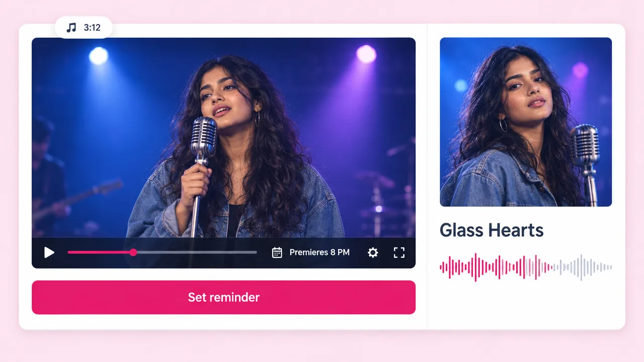 Premiere page for the single "Glass Hearts", showing a woman singing into a vintage microphone under stage lights, with a Set reminder button.
