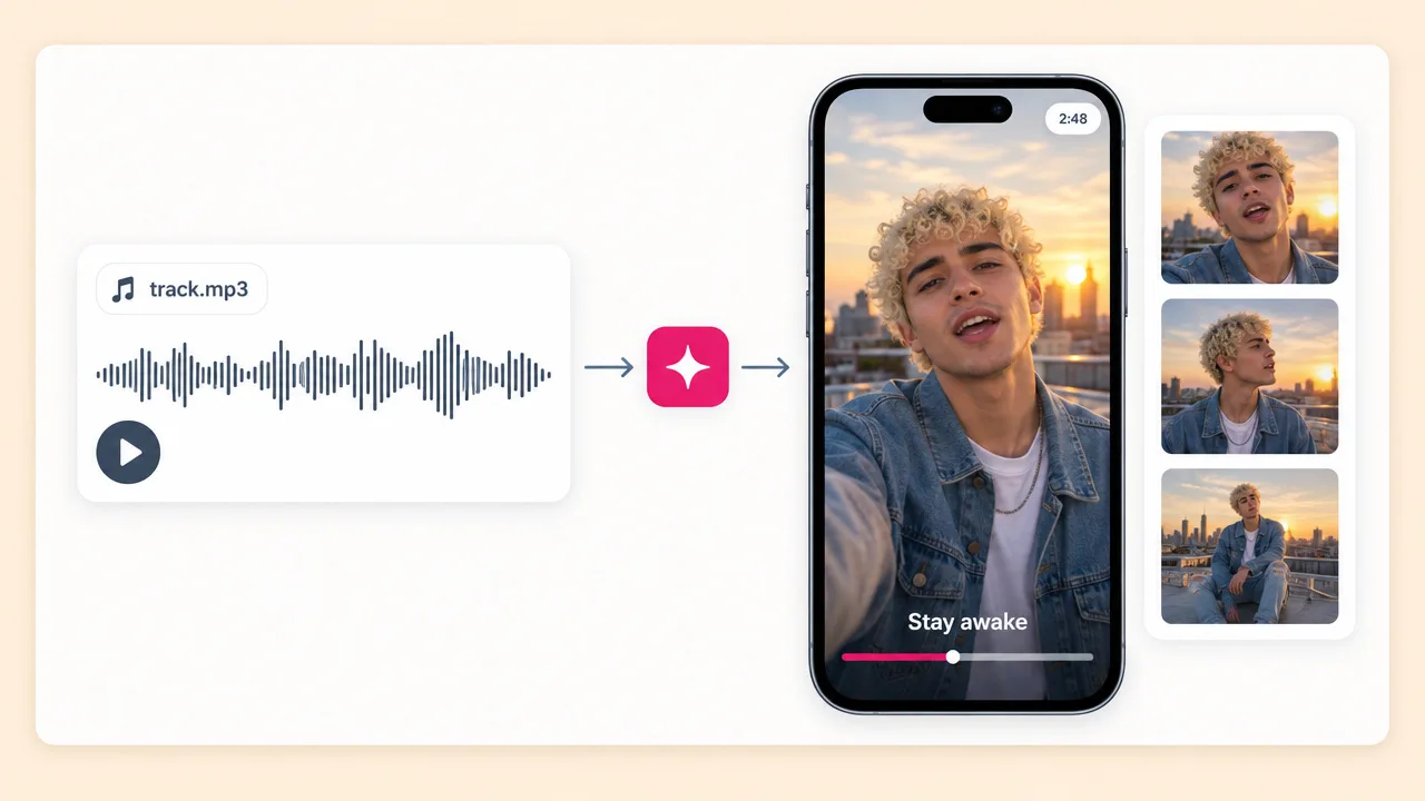 A track.mp3 audio file turned by an AI music video generator into a vertical rooftop video of a curly haired singer mouthing "Stay awake".