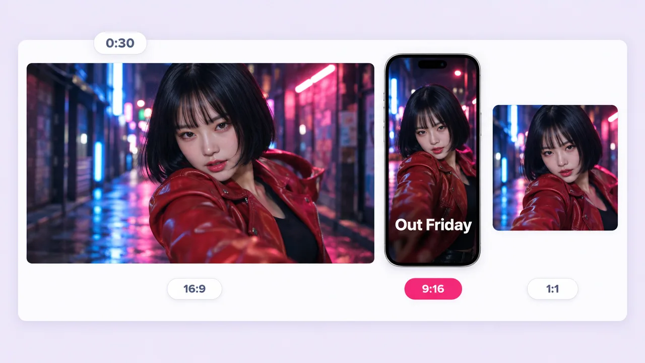 A 30 second teaser of a singer in a red jacket on a neon street, cut in 16:9, 9:16 and 1:1, with the vertical version reading "Out Friday".