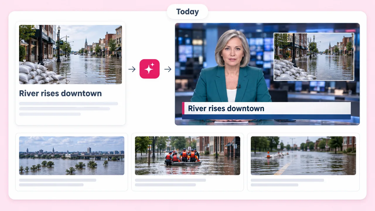 A local story on flooding, "River rises downtown", turned into a newscast with an AI anchor at the desk and flood photos from the street.