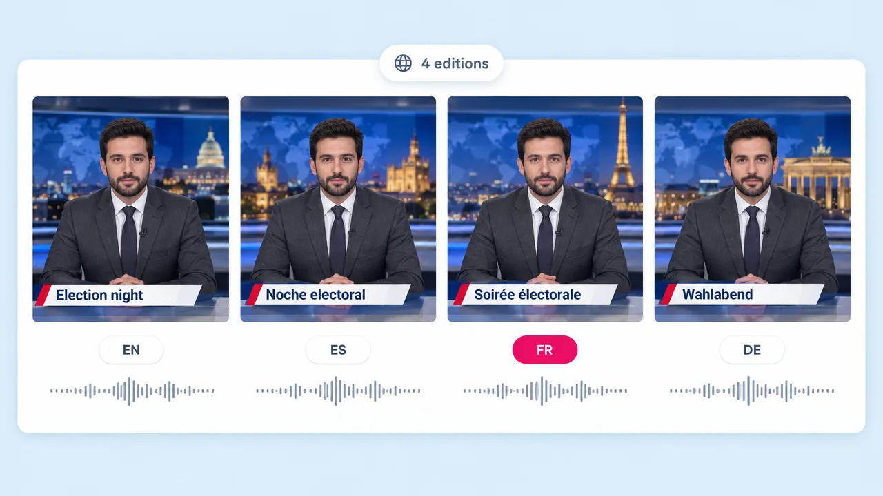 The same news anchor reporting election night in English, Spanish, French and German, each with its own translated headline bar.