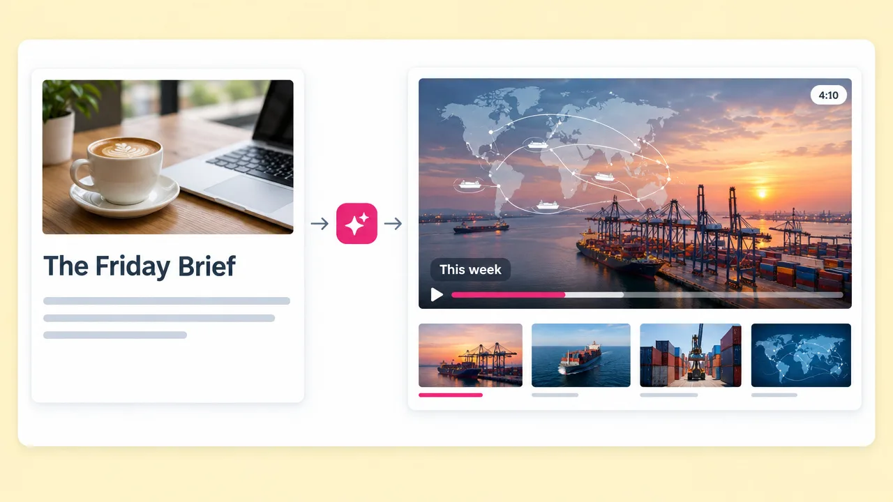 "The Friday Brief" newsletter turned into a 4 minute video explainer on global shipping, with a port at sunset and trade routes on a map.