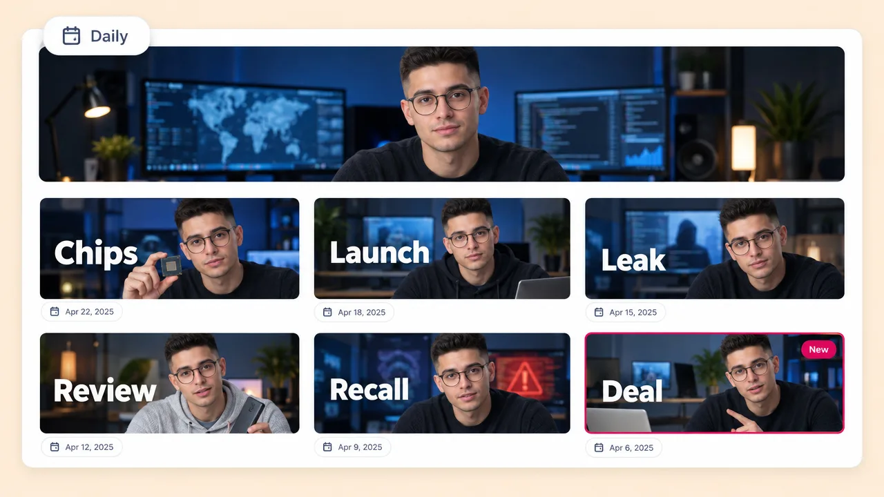 Daily tech news channel with one presenter across six episodes titled Chips, Launch, Leak, Review, Recall and Deal, the newest marked New.
