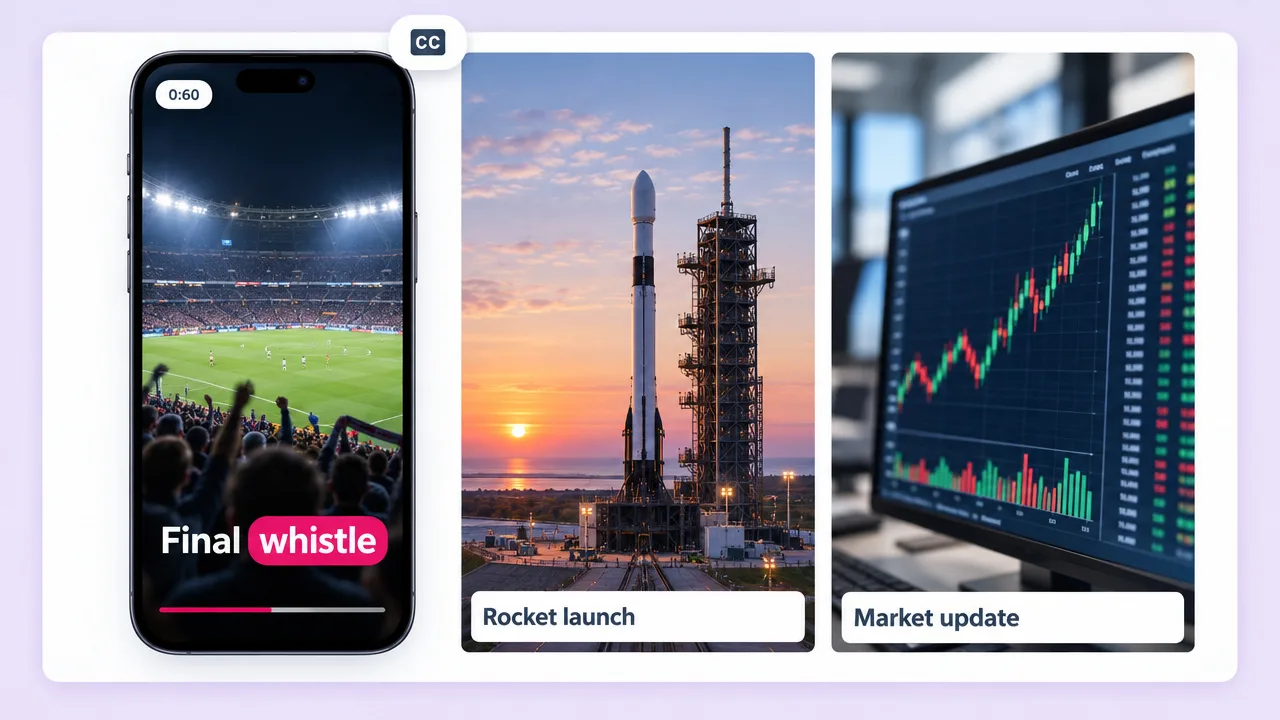 Vertical news short captioned "Final whistle" from a packed football stadium, next to rocket launch and market update clips for Reels.