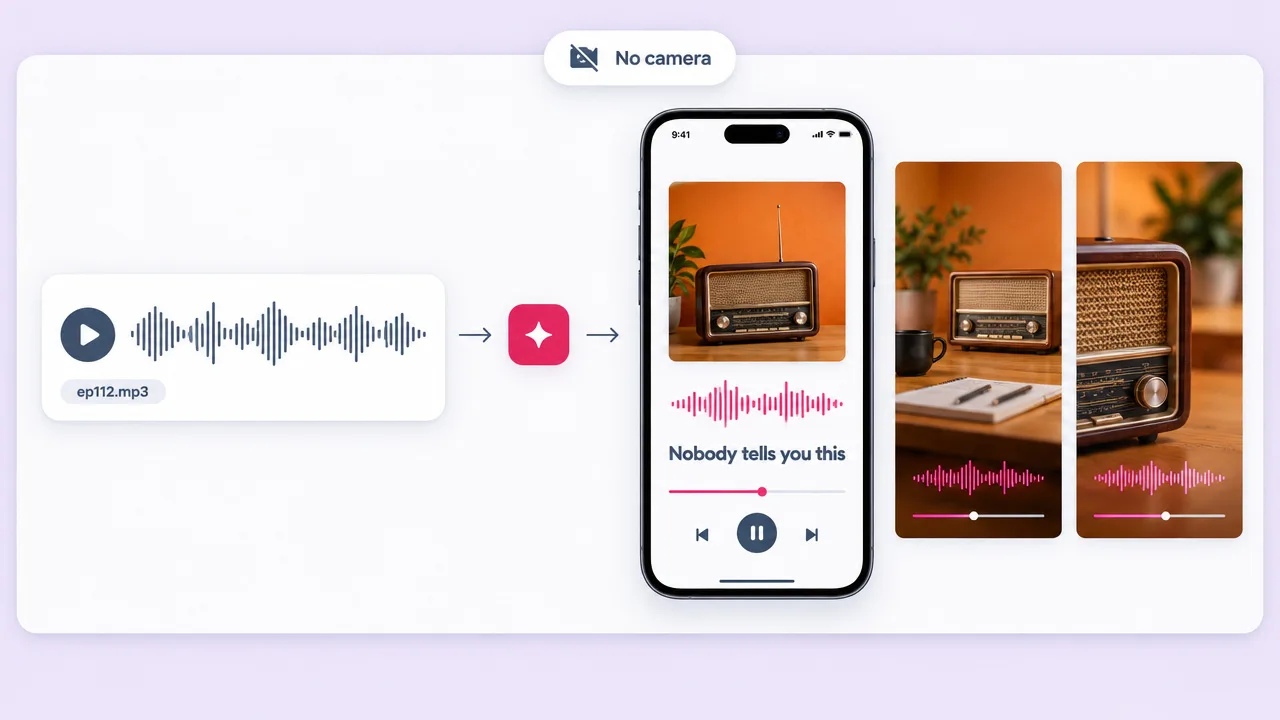 An audio-only ep112.mp3 turned by an AI podcast clip generator into a vertical clip of a vintage radio with the line "Nobody tells you this".