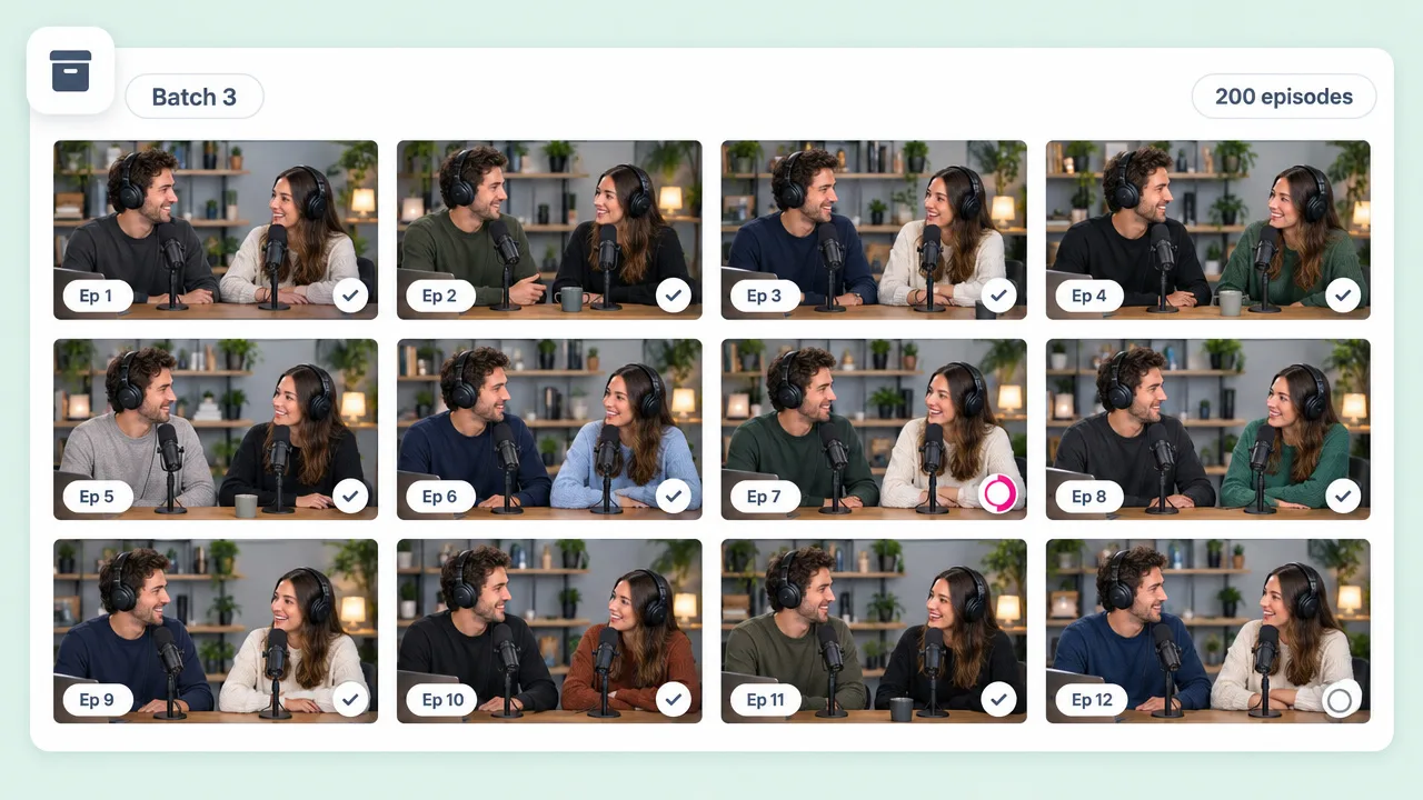 Back catalogue of a two-host podcast shown as twelve episode clips in a batch of 200 episodes, most ticked off as done.
