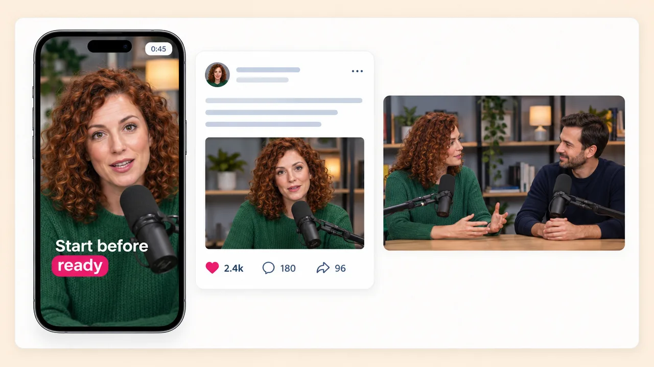 A guest with curly hair speaking into a microphone in a vertical clip captioned "Start before ready", beside a social post and the full episode.
