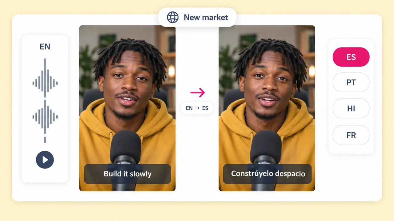 A podcast host in a yellow hoodie translated from English to Spanish, with the caption "Build it slowly" becoming "Constrúyelo despacio".