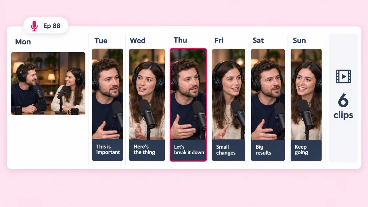 Episode 88 of a two-host podcast cut into six captioned vertical clips, one for each day from Tuesday to Sunday.