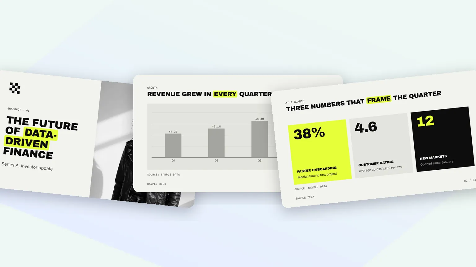 Three slides in the Neo Grid look: a finance cover, a revenue chart and a stats slide