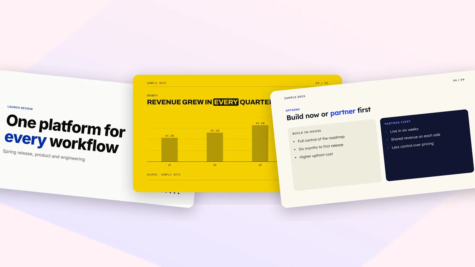 Slides in three Fliki deck looks: Swiss Grid, Studio and Professional