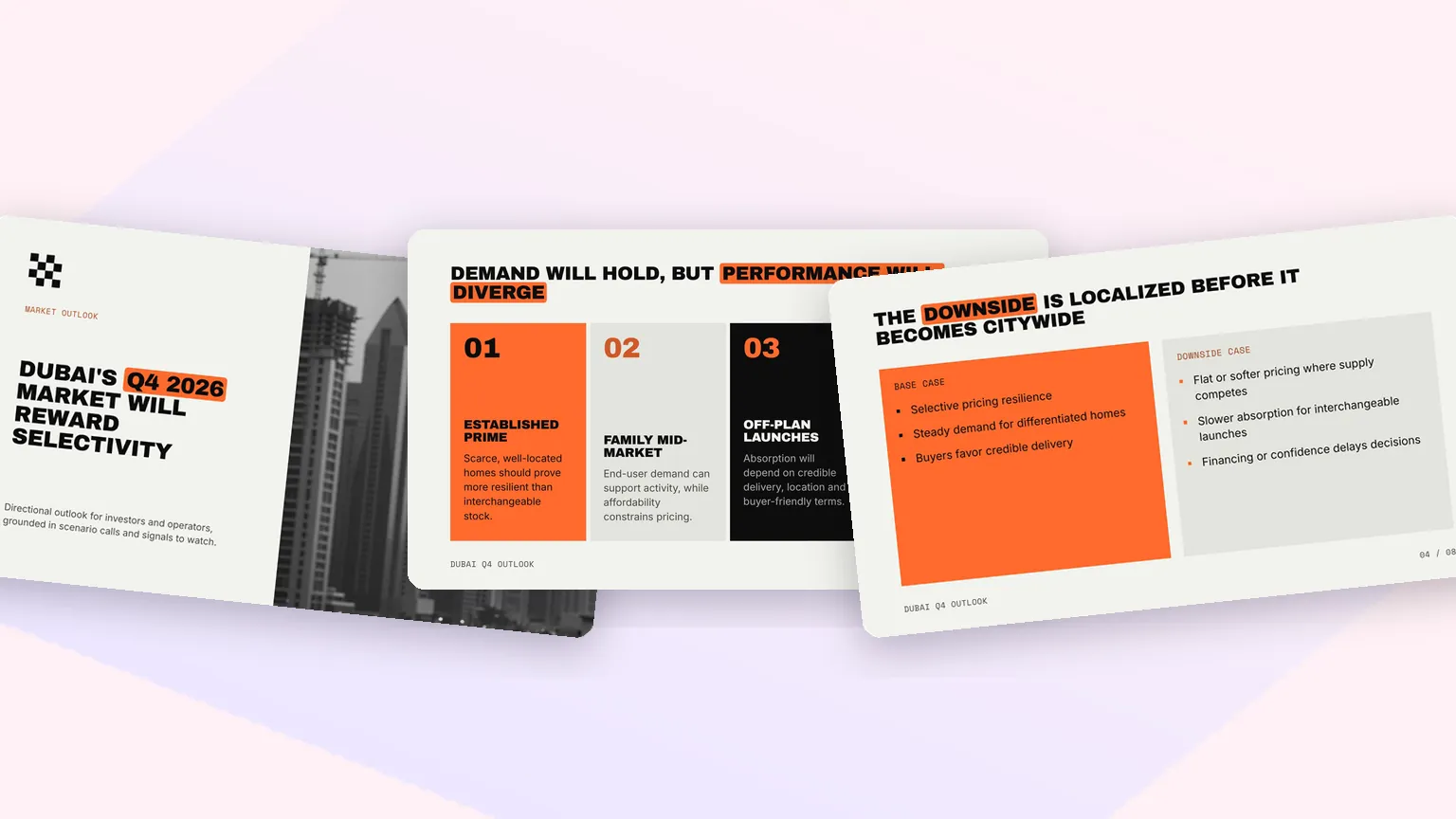 Three slides from a Fliki strategy deck in the Neo Grid look with orange cards