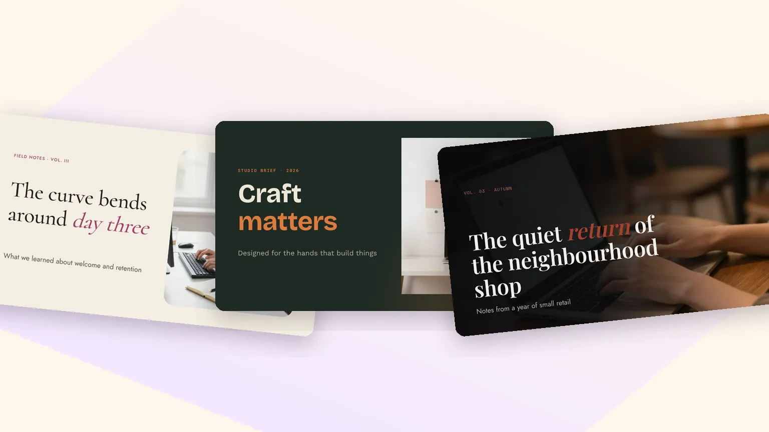 Covers in three Fliki deck looks: Soft Editorial, Mid-Century and Editorial