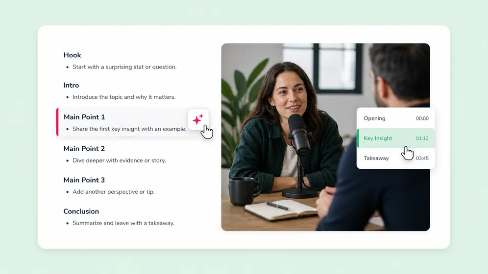 Podcast intros, segments, and interview prep scripts. Fliki AI script writer for Podcast & interview.