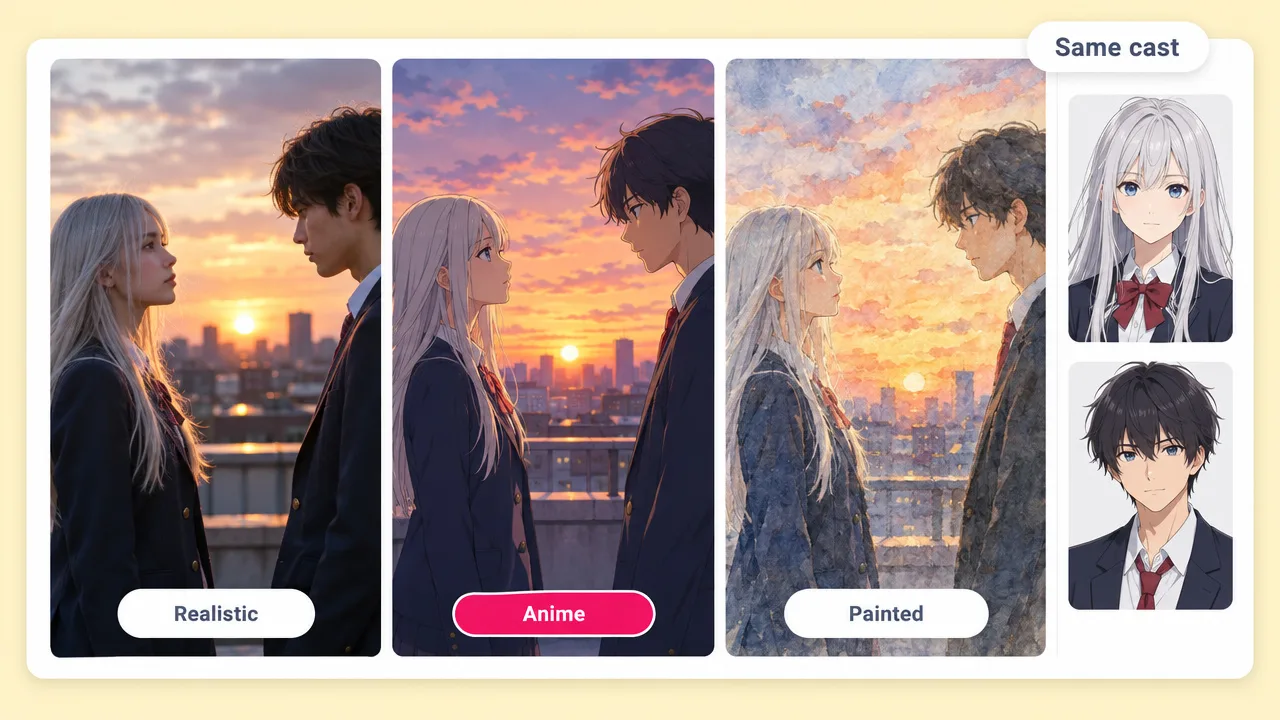 Two rooftop characters at sunset rendered in realistic, anime and painted styles, keeping the same cast across each version.