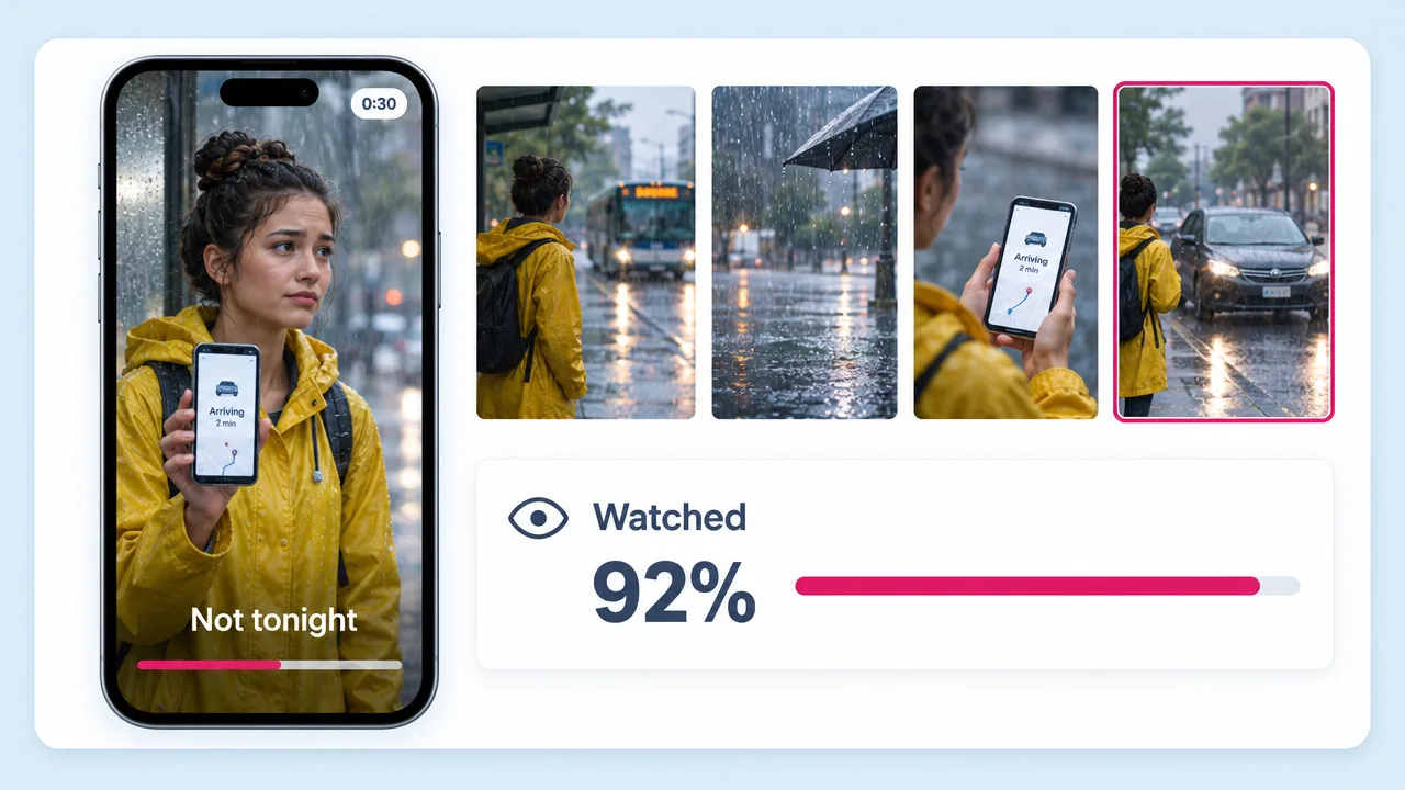 A 30 second drama ad of a woman in a yellow raincoat checking a ride app at a bus stop, captioned "Not tonight", with 92% watched.
