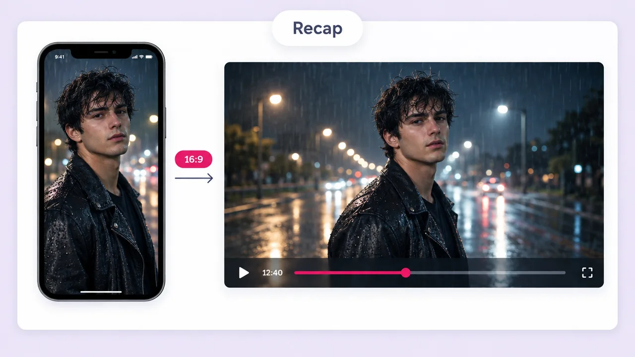A vertical drama episode of a young man in the rain reframed into a 12 minute 16:9 recap film of the same night street scene.