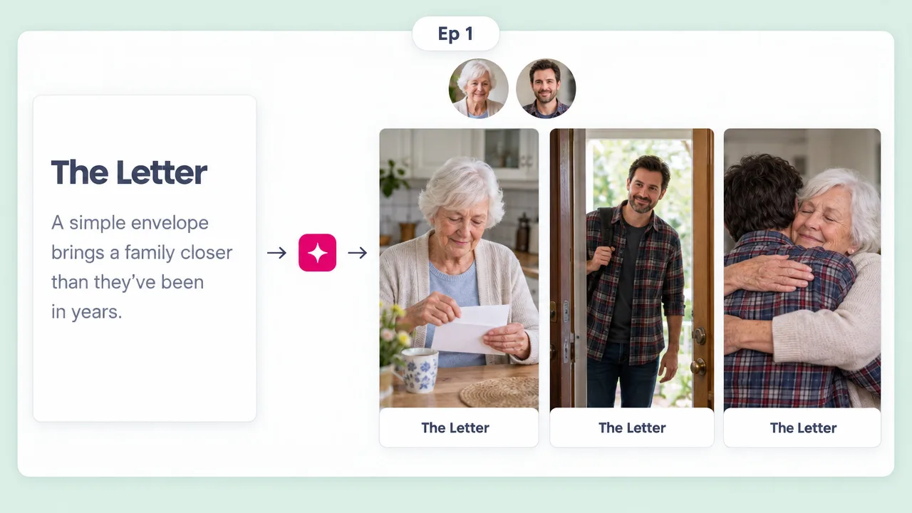 Story channel episode "The Letter", where a grandmother reads a note, a young man arrives and they hug, made with an AI short drama generator.