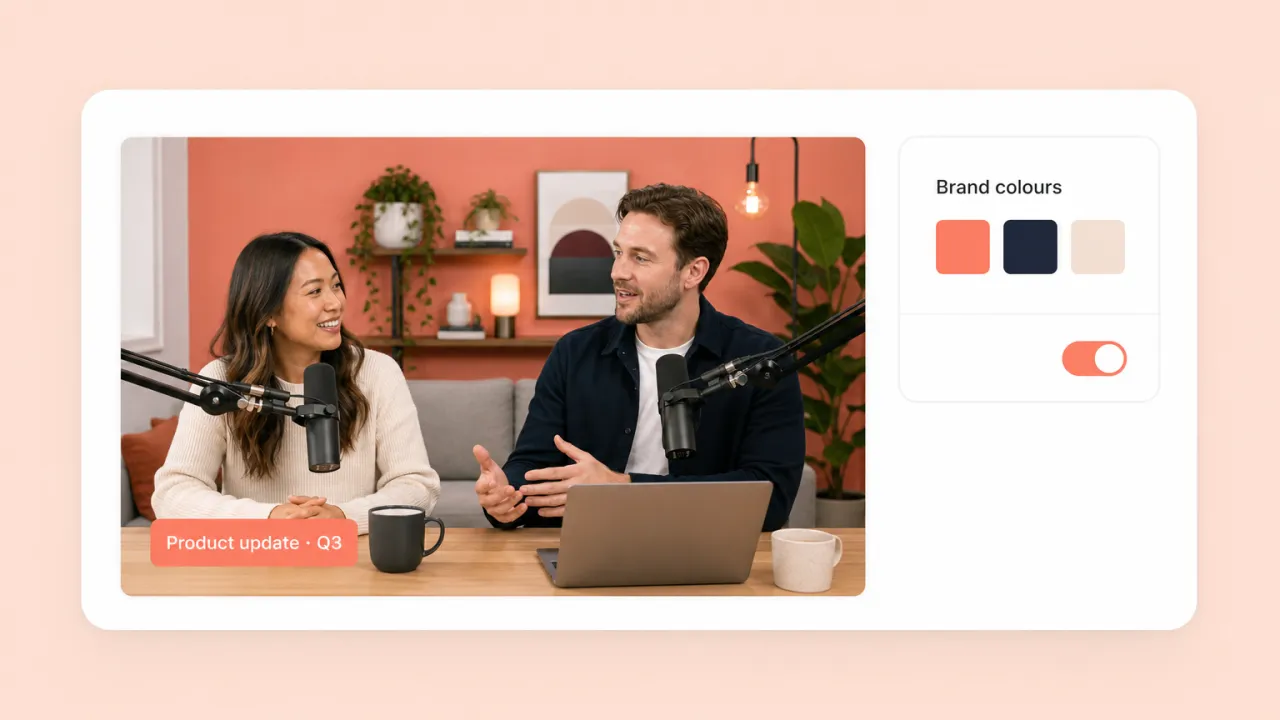 Two AI hosts presenting a product update on a branded podcast set.