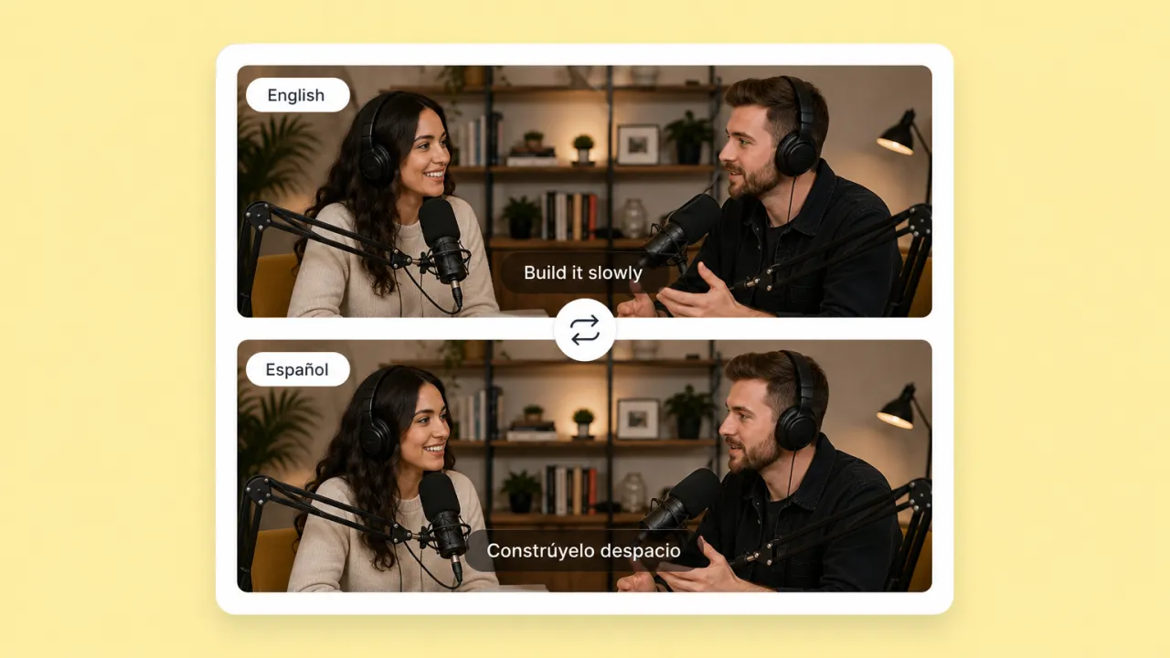 An AI video podcast episode rendered in Spanish with the same two hosts.