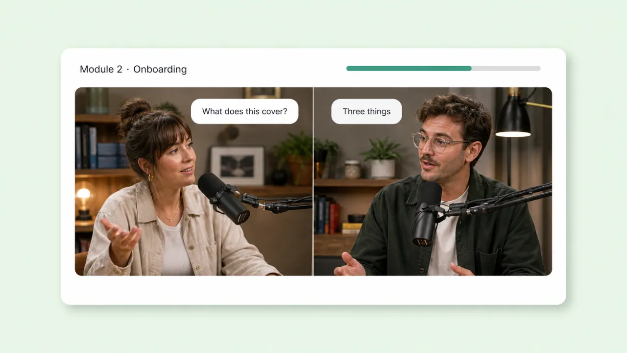 An AI video podcast used for staff training, with one host asking and one answering.
