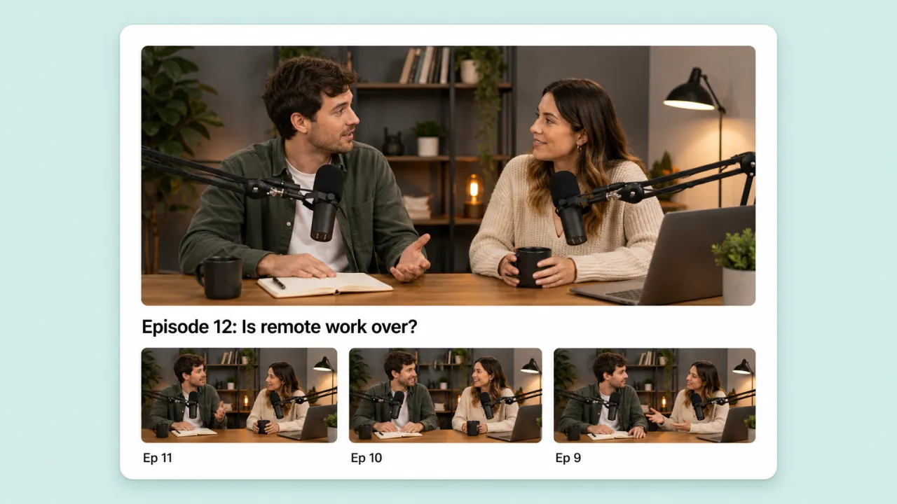 A two-host AI video podcast on a studio set, published as a weekly YouTube episode.