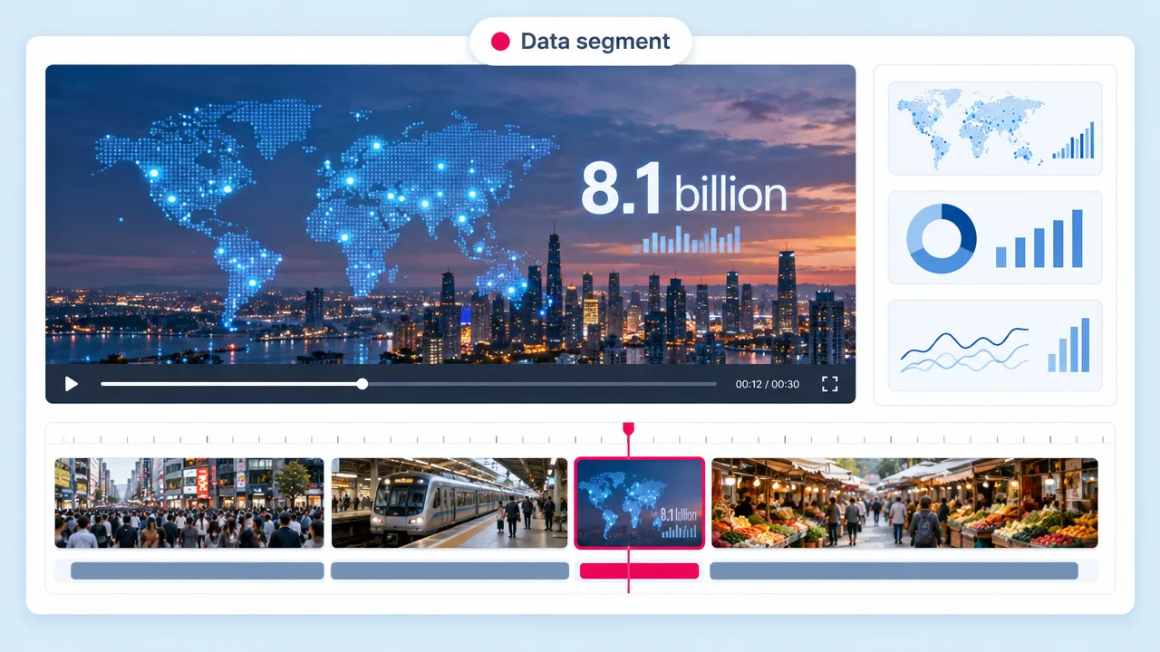 An explainer data segment showing a glowing world map over a city at dusk with the figure 8.1 billion, placed in a timeline of crowd scenes.