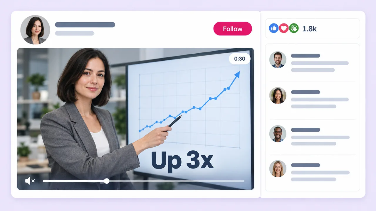 LinkedIn video post of a woman pointing to a rising line chart with the words "Up 3x", made with an animated infographic maker.