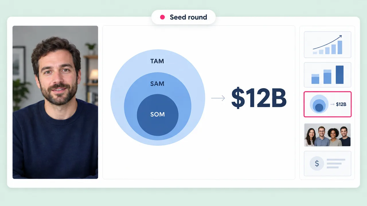 A seed round pitch video with a founder beside a TAM, SAM and SOM circle chart that adds up to a $12B market, with other deck slides queued.