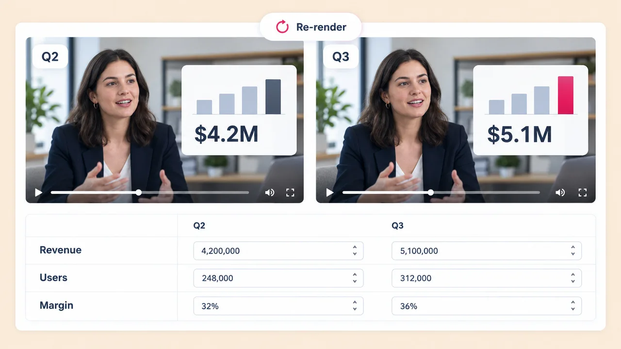 Quarterly results videos for Q2 and Q3 with a presenter beside revenue bars of $4.2M and $5.1M, re-rendered from an editable data table.
