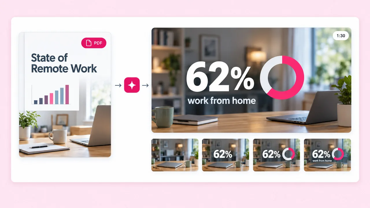 A "State of Remote Work" PDF report turned into an animated stat reading 62% work from home, with a ring chart filling up frame by frame.