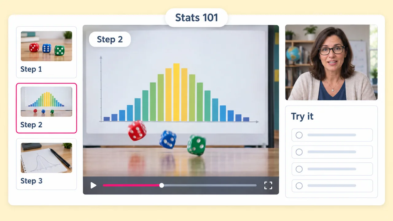 Stats 101 lesson where rolling dice build a bell curve chart in step 2, with a teacher on camera and a Try it quiz beside the video.